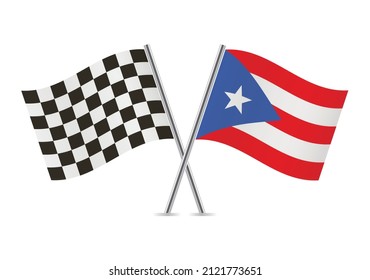 Checkered (racing) and Puerto Rico crossed flags, isolated on white background. Vector icon set. Vector illustration.