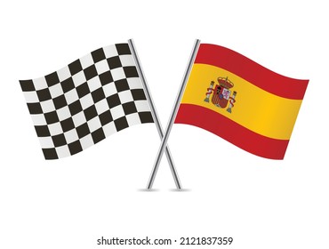 Checkered (racing) and Spain crossed flags, isolated on white background. Vector icon set. Vector illustration.