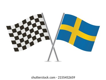 Checkered (racing) and Sweden crossed flags, isolated on white background. Vector icon set. Vector illustration.