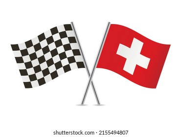 Checkered (racing) and Switzerland crossed flags, isolated on white background. Vector icon set. Vector illustration.