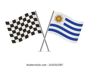 Checkered (racing) and Uruguay crossed flags, isolated on white background. Vector icon set. Vector illustration.