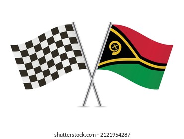 Checkered (racing) and Vanuatu crossed flags, isolated on white background. Vector icon set. Vector illustration.
