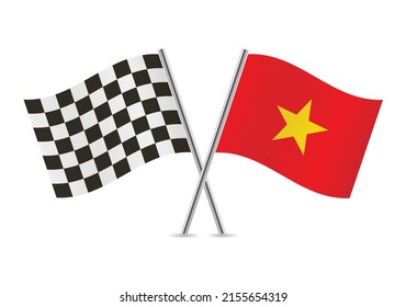 Checkered (racing) and Vietnam crossed flags, isolated on white background. Vector icon set. Vector illustration.