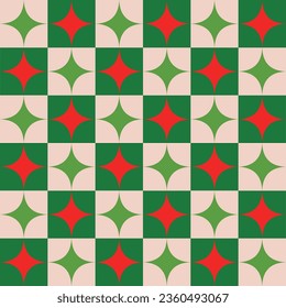 Checkered red and green Mid Century Atomic retro starbursts seamless pattern. For Christmas fabric, textile and home 