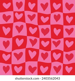 Checkered red and pink hearts on warped wavy checkerboards seamless pattern. For Valentine backgrounds, wrapping paper and textile. 