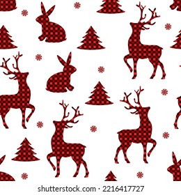 Checkered red shape Merry Christmas. Seamless pattern. Winter holiday surface design. Reindeer and rabbit 2023.