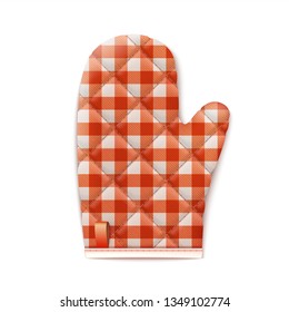 Checkered Red Textile Cooking Glove Isolated On White Background. Top View. 3d Photo Realistic Vector Illustration 