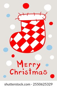 Checkered red and white Christmas stocking.Merry Christmas and Happy New Year greeting card and posters in Trendy Colors. Winter holiday vector illustration.