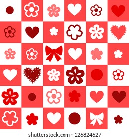 Checkered red and white seamless background with hearts and flowers, vector