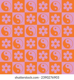 Checkered retro flowers with Yin and yang signs seamless pattern in pink and orange. For stationary, fabric and backgrounds. 