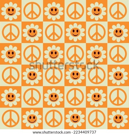 Checkered retro groovy smiling flowers and peace signs seamless pattern. For stationary, textile and wrapping paper