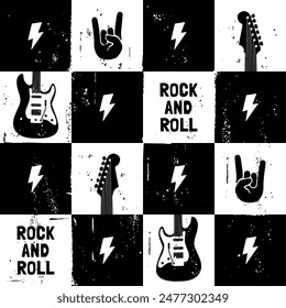 Checkered Rock and Roll Seamless Repeat Pattern. Rock Music Seamless Pattern