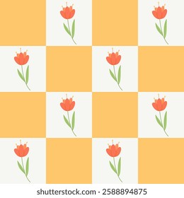 checkered seamless background with poppies. trendy groovy floral pattern. 