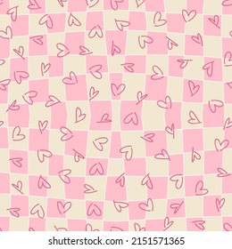 Checkered seamless background with simple hearts. Romantic groovy checkerboard pattern in 1970s style. Doodle vector illustration for decor and design.
