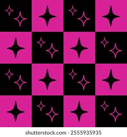 Checkered seamless black and pink pattern with sparks. Vector graphics.