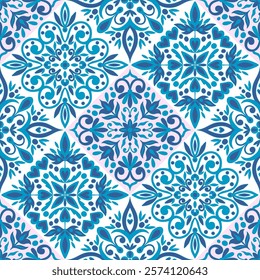 Padrão botânico sem emenda xadrez inspirado em azulejos, porcelana chinesa e arte de Gzhel. Tons azuis e cor-de-rosa adicionam elegância. Ideal para têxteis, papéis de parede e decoração de casa.