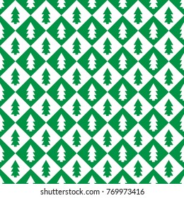 Checkered seamless diagonal pattern with fir-trees. Christmas and New Year background. Winter tablecloth. Vector illustration.
