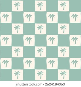Checkered seamless groovy pattern with palm trees. Tropical background in pastel colors. White and mint checkerboard with exotic plant. Vintage island ornament in 70s, 80s style. Vector illustration.