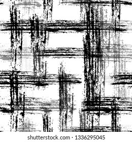 Checkered Seamless Halftone Grunge Pattern. Dirt Overlay Fabric Texture. Paintbrush Noisy Lines Pattern. Modern Plaid Texture Design.