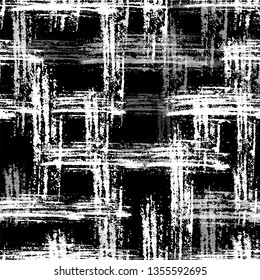 Checkered Seamless Halftone Grunge Pattern. Hand Drawn Textile Texture. Rough Scratched Cloth Pattern. Fashion Textile Print Design.