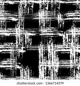 Checkered Seamless Halftone Grunge Pattern. Rusty Paintbrush Stripes Texture. Distressed Messy Check Cloth Pattern. Fashion Textile Print Design.