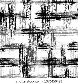 Checkered Seamless Halftone Grunge Pattern. Rusty Paintbrush Stripes Texture. Distressed Messy Check Cloth Pattern. Modern Plaid Texture Design.