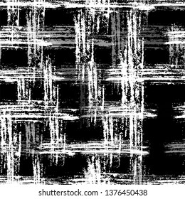 Checkered Seamless Halftone Grunge Pattern. Dirt Overlay Fabric Texture. Paintbrush Noisy Lines Pattern. Modern Plaid Texture Design.