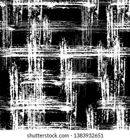 Checkered Seamless Halftone Grunge Pattern. Rusty Paintbrush Stripes Texture. Rough Scratched Cloth Pattern. Square Linen Print Texture.