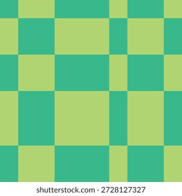 Checkered seamless pattern. Abstract green background. Distorted geometric rectangle design. Vector psychedelic illustration. Square lattice grid, mesh wallpaper. Chess irregular tile backdrop