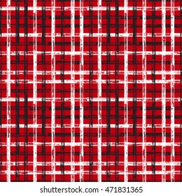 Checkered Seamless pattern. Black red white grunge stroke crossed stripes vector background