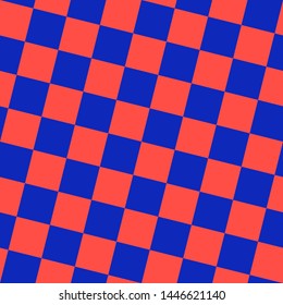 Checkered seamless pattern. Bright colorful vector geometric texture with small diagonal squares, repeat tiles. Abstract repeatable chequered background. Pop art, retro 90s style blue and red design