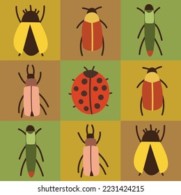 Checkered seamless pattern with bright colourful beetles. For textile, wrapping paper, packaging.