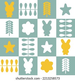 Checkered seamless pattern with bunnies silhouettes and leaves. Geometric print for tee, paper, fabric, textile. Retro style vector illustration for decor and design. 


