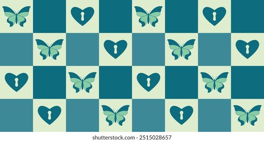 Patrón a cuadros sin fisuras con mariposas y corazón de ojo de cerradura. Ilustración vectorial de fondo retro. Diseño de adorno trippy groovy para textiles, telas, envases. y2k y estética de los años 70 