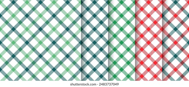 Checkered seamless pattern. Christmas background. Holiday Xmas prints. Set of tartan red green textures. Retro New year wrapping papers. Collection geometric plaid backdrops. Vector illustration