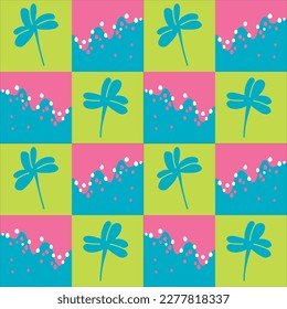 Checkered seamless pattern with clover. Symbol of national Irish traditions. Cartoon style illustration for printing on textiles and packaging. Three leaf clover. St.Patrick 's Day.