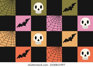 Padrão sem emenda xadrez com teia de aranha, morcego e crânio. Ilustração de vetor de ornamento de azulejos repetidos de Halloween. Design de férias para têxtil, tecido, embalagem, fundo.