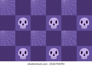 Padrão sem emenda xadrez com teia de aranha e crânio. Ilustração de vetor de ornamento de azulejos repetidos de Halloween. Design de férias para têxtil, tecido, embalagem, fundo.