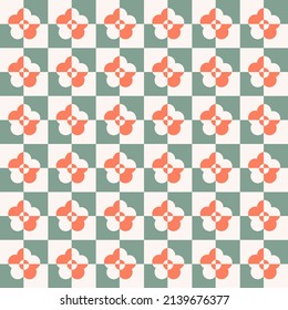 	
Checkered seamless pattern with cut geometric shaped flowers. Colorful aesthetic vector background in retro style 60s, 70s