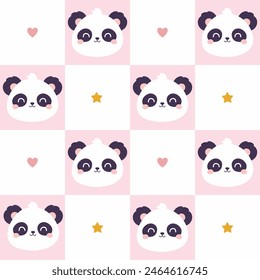 Checkered seamless pattern with cute pandas. Vector graphics.