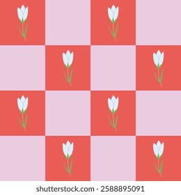 checkered seamless pattern with cute spring flower. Trendy retro backdrop with hand drawn flowers in 80s style