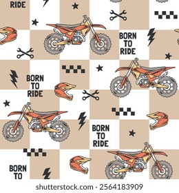 Checkered seamless pattern with dirt bikes. Motocross themed seamless pattern. 