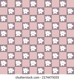 Checkered seamless pattern with flowers in 1970 style. Hippie aesthetic background for T-shirt, poster, card and print. Floral vector illustration for decor and design.
