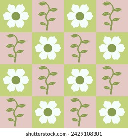 Checkered seamless pattern with flowers and leaves. Vector graphics.