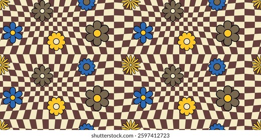 Checkered seamless pattern with flowers. Trippy checkerboard background.