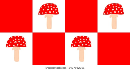 Checkered seamless pattern with fly agarics, for textile, fabric, wrapping paper