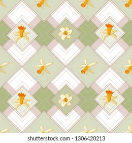 Checkered seamless pattern of gentle pastel shades with narcissus flowers. Elegant background for your design in soft colors with floral elements.