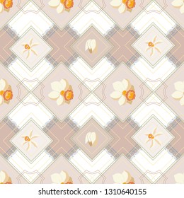 Checkered seamless pattern of gentle pastel shades with narcissus flowers. Elegant background for your design in soft colors with floral elements.