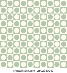 Checkered seamless pattern with geometric shapes. Groovy allover print with squares and circles. Colorful vector background in retro style. Vintage hippie aesthetic, 60s, 70s