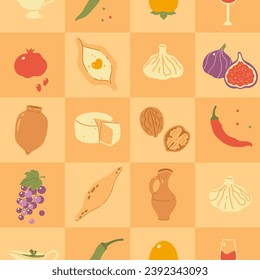 Checkered seamless pattern with Georgian food. Vector graphics.